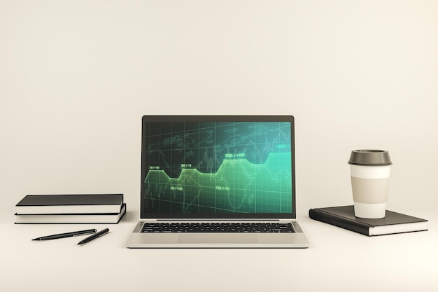 Modern computer display with abstract graphic data spreadsheet sketch analytics and analysis concept 3D Rendering