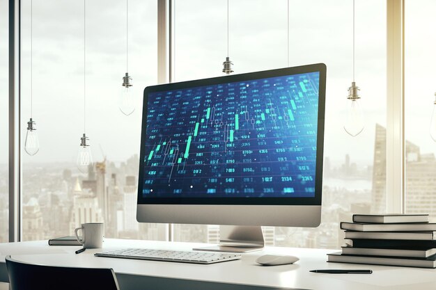 Modern computer display with abstract graphic data spreadsheet sketch analytics and analysis concept 3D Rendering