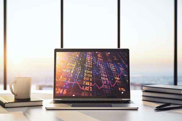 Modern computer display with abstract graphic data spreadsheet sketch analytics and analysis concept 3D Rendering