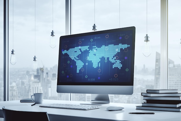 modern computer display with abstract graphic world map big data and networking concept 3d rendering