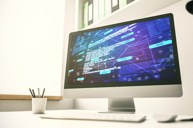 Modern computer display with abstract programming language hologram artificial intelligence and machine learning concept 3D Rendering