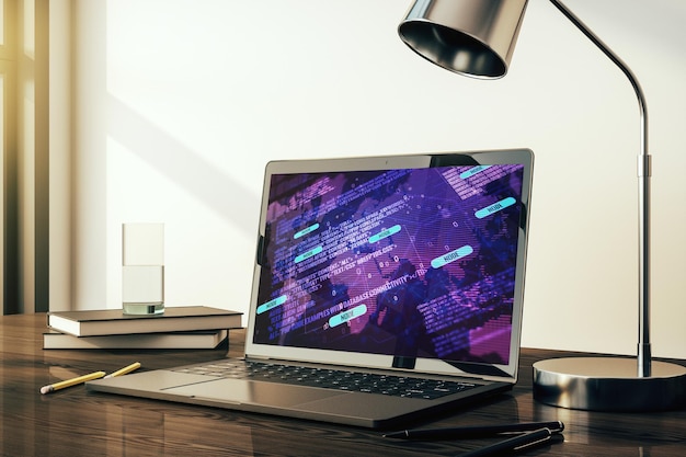 modern computer display with abstract software development hologram and world map global research and analytics concept 3d rendering
