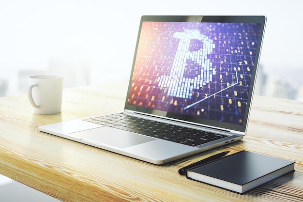 Modern computer display with creative Bitcoin symbol hologram Mining and blockchain concept 3D Rendering