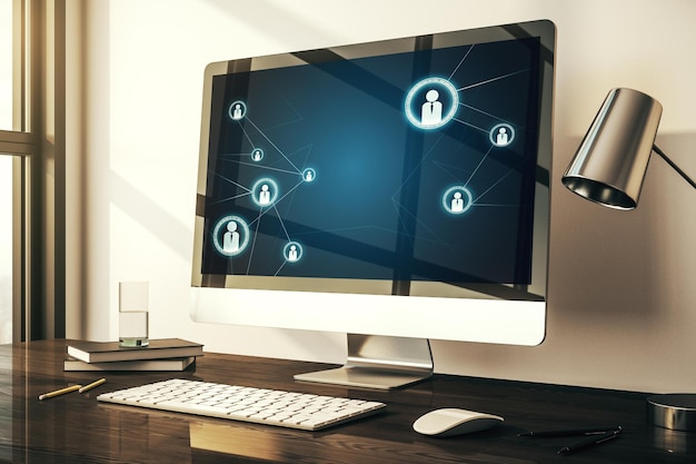 Modern computer display with social network icons concept Networking concept 3D Rendering