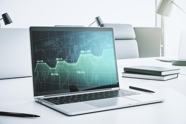Modern computer monitor with abstract creative statistics data hologram statistics and analytics concept 3D Rendering