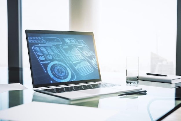 modern computer monitor with abstract creative statistics data hologram statistics and analytics concept 3d rendering