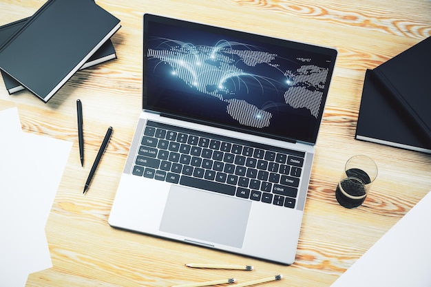 modern computer monitor with abstract digital world map with connections research and strategy concept 3d rendering