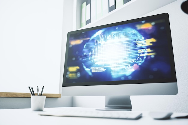 Modern computer monitor with abstract programming language with world map research and development concept 3D Rendering