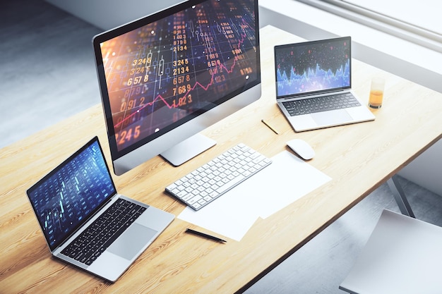 Modern computer monitor with abstract statistics data hologram interface computing and analytics concept 3D Rendering