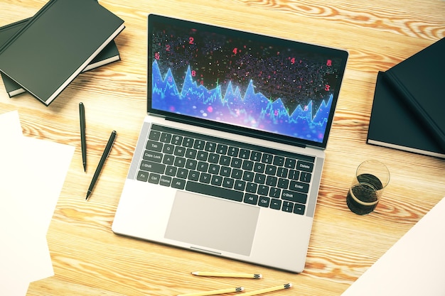 Modern computer monitor with abstract statistics data hologram interface computing and analytics concept 3D Rendering
