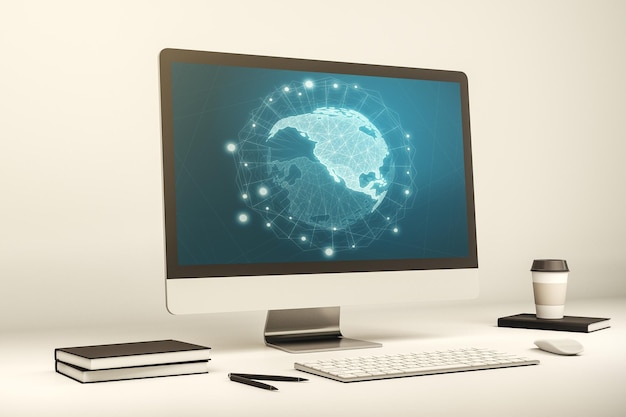 Modern computer monitor with America map research and strategy concept 3D Rendering