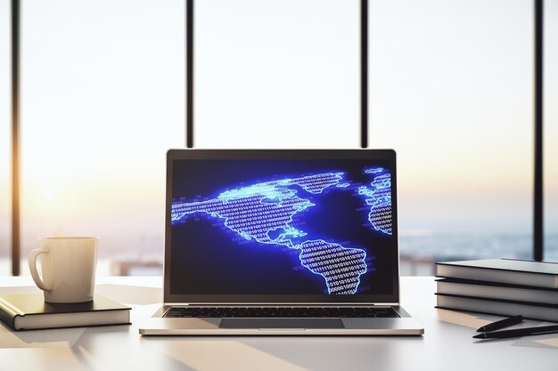 Modern computer monitor with America map research and strategy concept 3D Rendering