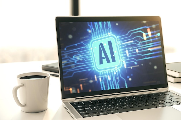 Modern computer monitor with creative artificial Intelligence icon Neural networks and machine learning concept 3D Rendering
