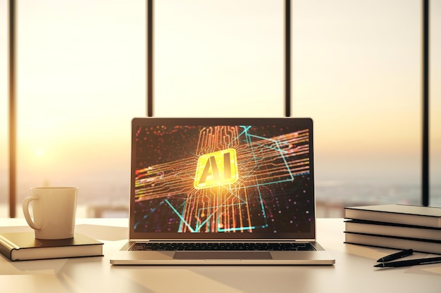 Modern computer monitor with creative artificial Intelligence icon Neural networks and machine learning concept 3D Rendering