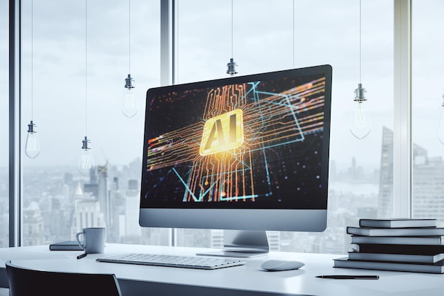 Modern computer monitor with creative artificial Intelligence icon Neural networks and machine learning concept 3D Rendering
