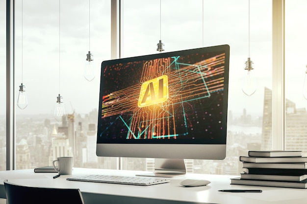Modern computer monitor with creative artificial Intelligence icon Neural networks and machine learning concept 3D Rendering