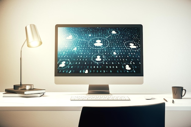 Modern computer monitor with social network icons concept Marketing and promotion concept 3D Rendering