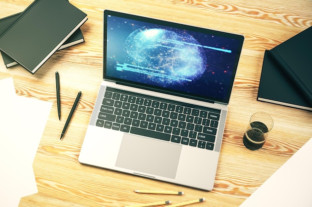 modern computer screen with abstract creative coding sketch and world map artificial intelligence and neural networks concept 3d rendering
