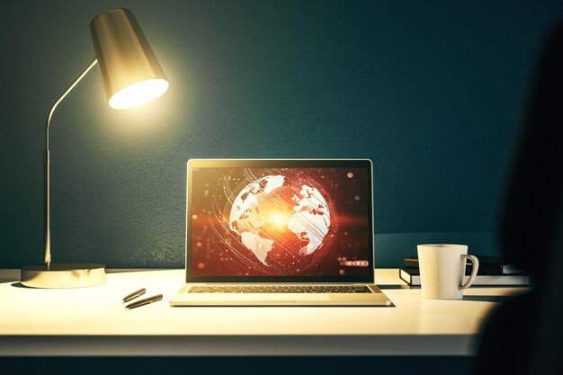 modern computer screen with abstract creative digital world map research and analytics concept