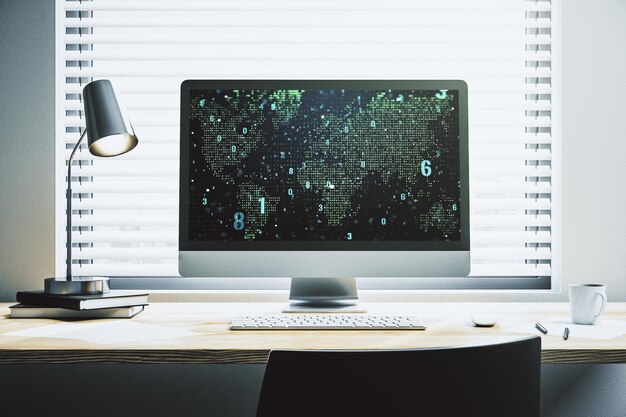 Modern computer screen with abstract graphic coding sketch and world map big data and networking concept 3D Rendering