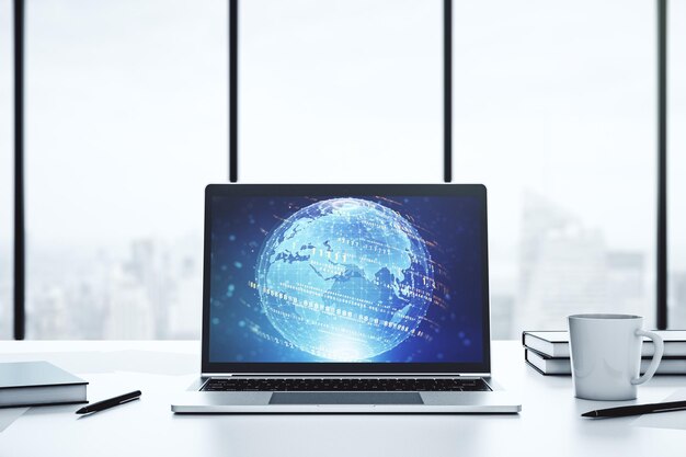 modern computer screen with abstract graphic coding sketch and world map big data and networking concept 3d rendering