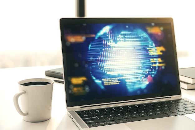 Modern computer screen with abstract graphic coding sketch and world map big data and networking concept 3D Rendering