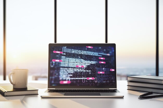 Modern computer screen with abstract graphic coding sketch big data and networking concept 3D Rendering