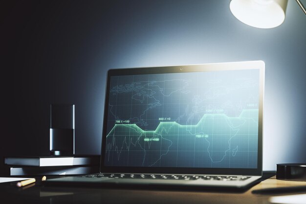 Modern computer screen with creative statistics data hologram stats and analytics concept 3D Rendering