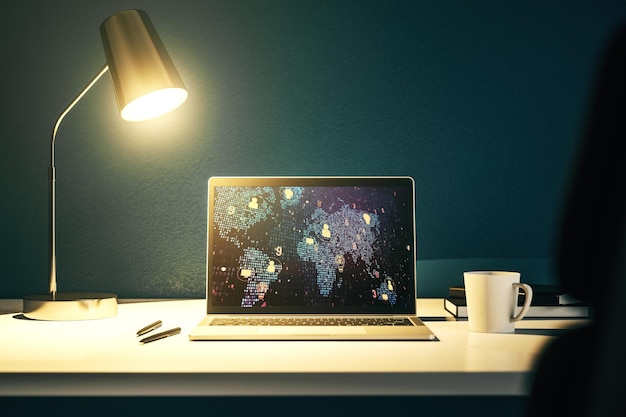 modern computer screen with social network icons concept and world map networking concept 3d rendering