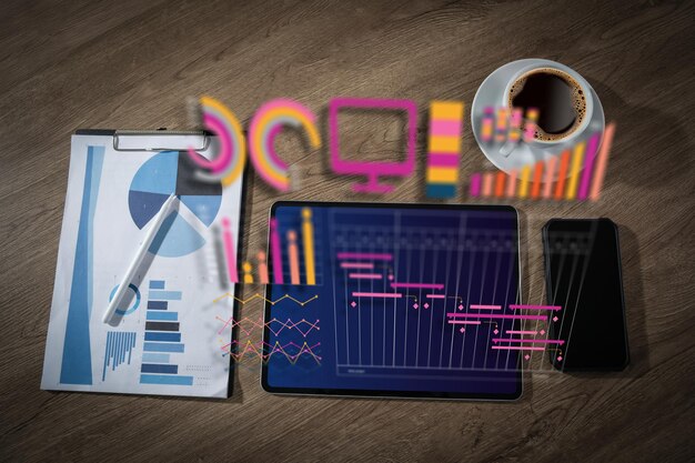 Modern data analysis dashboard on tablet data chart analytics icons report database for technology finance KPI data tracking and project planning