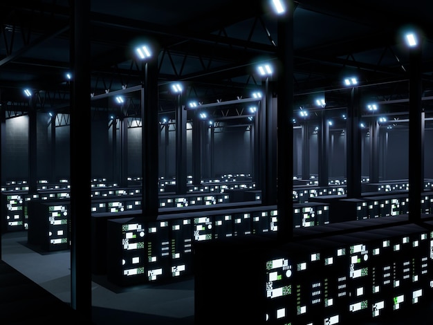 Modern database center with servers on racks, IT space used for global supercomputer storage. Server room with lights flickering, cloud computing and neural network. 3d render animation.