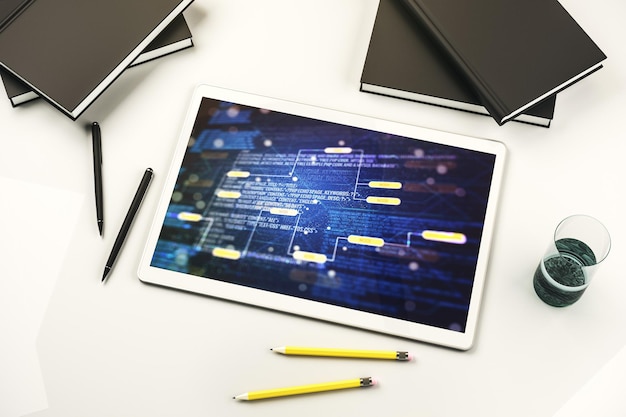 Modern digital tablet monitor with abstract creative coding sketch artificial intelligence and neural networks concept Top view 3D Rendering