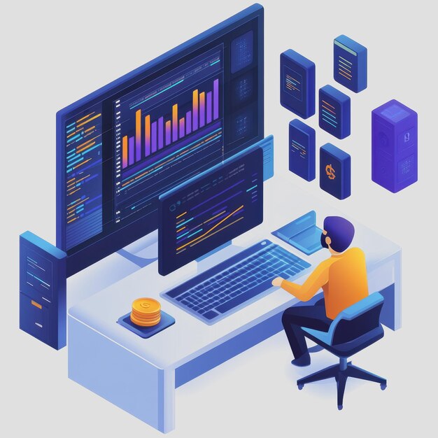 Modern Digital Workspace with Data Visualization Programmer Analyzing Charts Coding on Multiple Screens Innovative Technology Environment