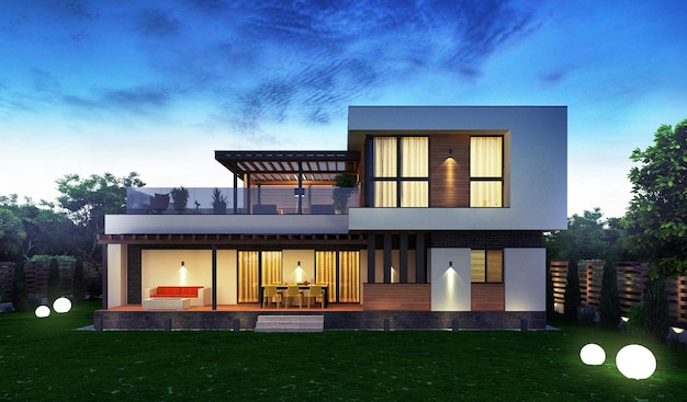 Modern house with a flat roof. 3D visualization. House with a terrace and panoramic windows. A priva