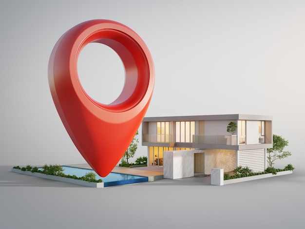 Modern house with location pin icon on white background in investment concept