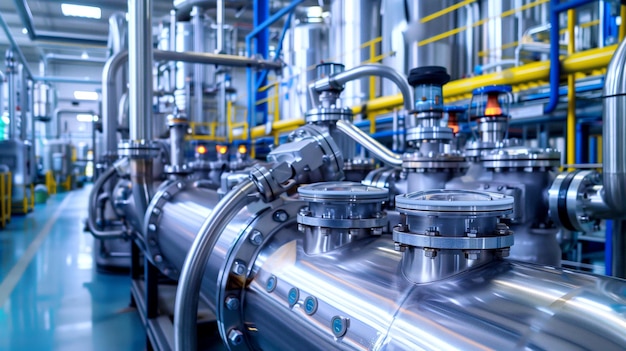 Modern industrial factory with stainless steel pipes and large machinery in a clean organized setting