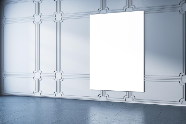 Modern interior with blank mock up billboard on white classic decorative wall concrete flooring Gallery concept 3D Rendering