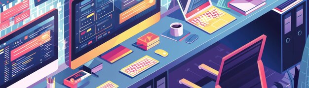Modern programmers workspace with multiple monitors coding software and a coffee cup on a desk in a