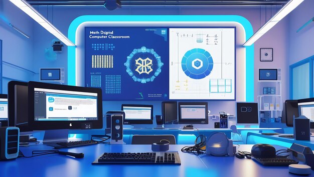 Modern Tech Classroom with Multiple Monitors and Digital Interface Futuristic Educational Lab Setup for STEM Learning Programming and Engineering Visualization