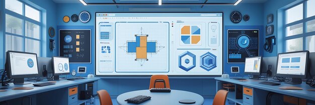 Modern Tech Classroom with Multiple Monitors and Digital Interface Futuristic Educational Lab Setup for STEM Learning Programming and Engineering Visualization