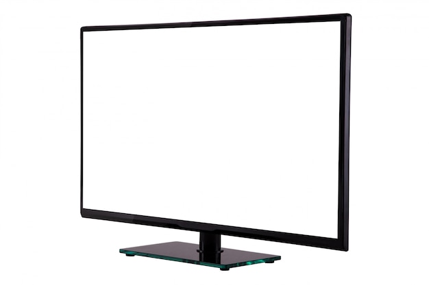 Modern thin plasma LCD TV on a black glass stand isolated 