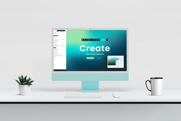 Modern web design studio with computer display showcasing site creation editor tools