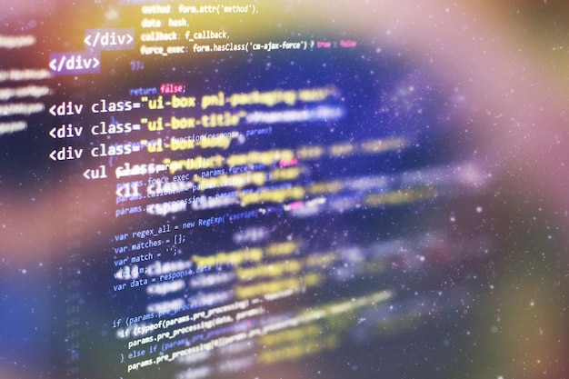 monitor closeup of function source code. abstract it technology background. software source code.