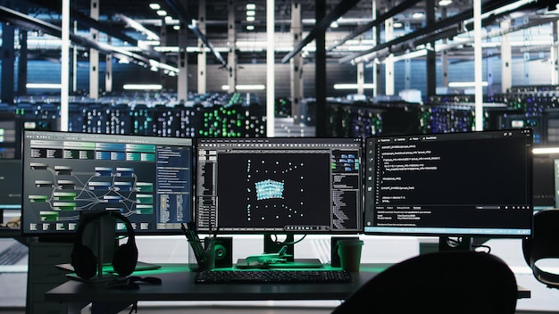 Monitors in data center displaying node tree programming software