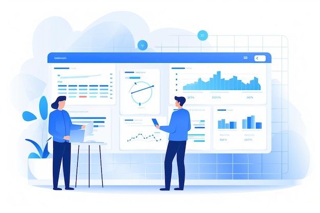 Một khách hàng và một tư vấn viên đang đứng làm việc trên một dự án thiết kế UX với AI tạo sinh
