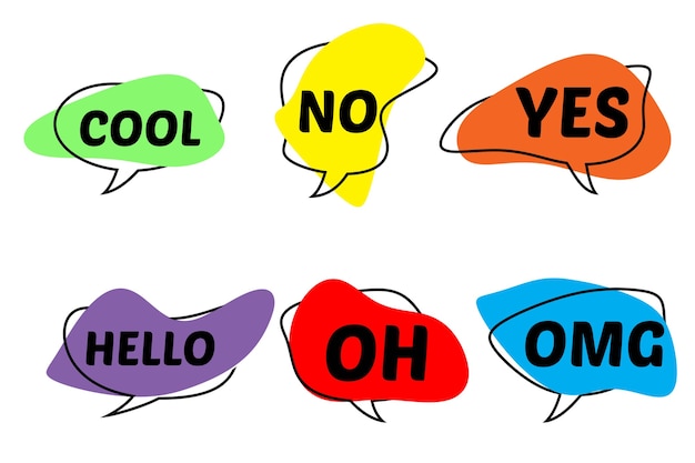 Multi-colored speech bubbles of abstract shape with different words.