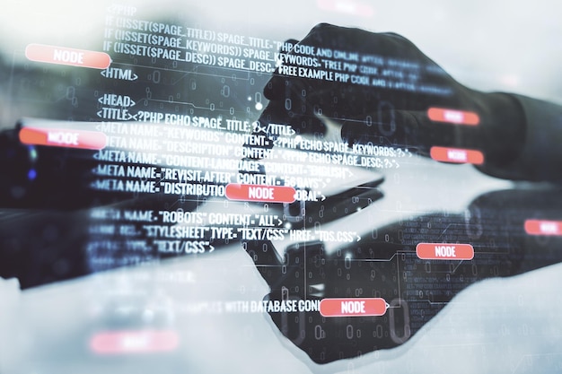 Multi exposure of abstract creative coding sketch and finger presses on a digital tablet on background artificial intelligence and neural networks concept