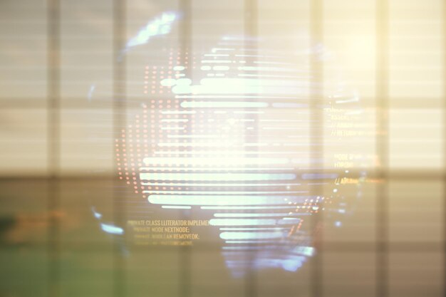 multi exposure of abstract creative coding sketch and world map on empty corporate office background artificial intelligence and neural networks concept