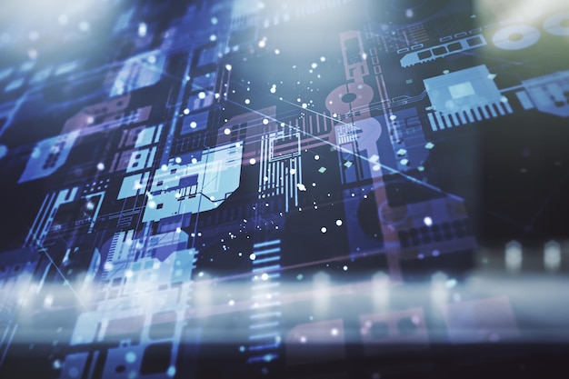 Multi exposure of abstract creative coding sketch on blurry modern office building background artificial intelligence and neural networks concept