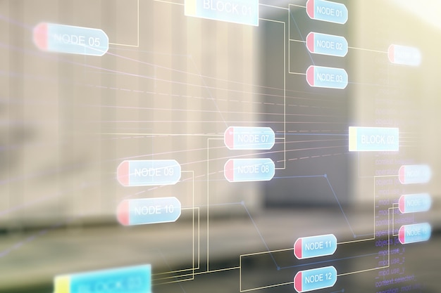 Multi exposure of abstract creative coding sketch on blurry modern office building background artificial intelligence and neural networks concept